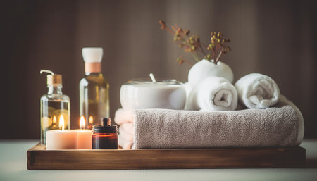 Spa and wellness setting with towels, candles and essential oil bottlesの素材