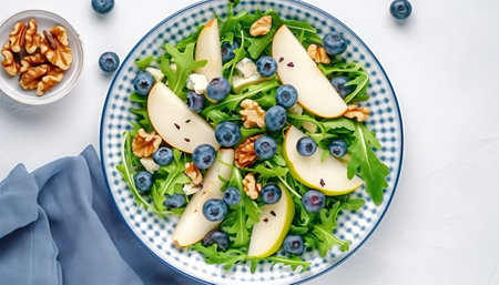 Green salad with pear, blueberries, walnuts and arugula on a white background, top viewの素材