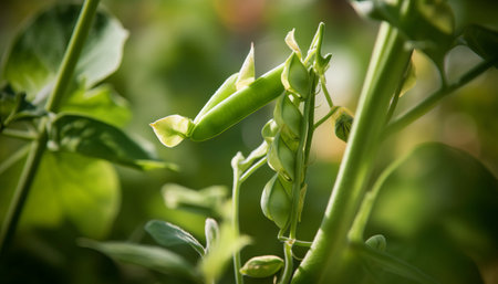 Peas growing in the garden. Selective focus. Shallow depth of fieldの素材