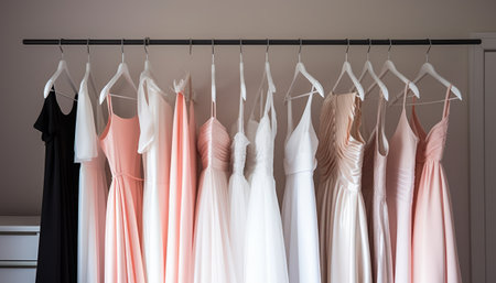 Wedding dresses on hangers in dressing room, closeupの素材