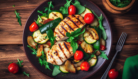 Grilled chicken fillet with grilled vegetables and arugula saladの素材