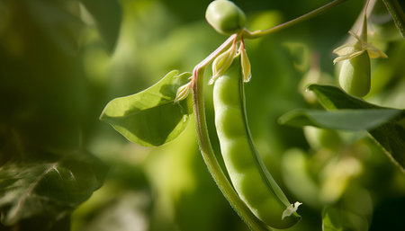 Green soybeans growing in the garden. Selective focus with shallow depth of field.の素材
