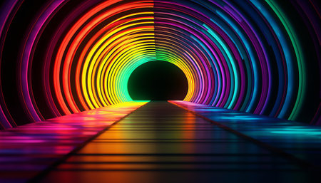 3d render of abstract background. Futuristic tunnel with neon lights.の素材