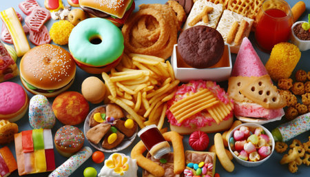 Variety of junk food including hamburger, cheeseburger, french fries, donuts and colaの素材