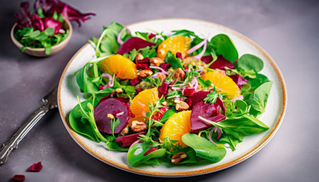 Beetroot salad with orange, arugula and walnutsの素材