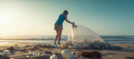 Woman collecting plastic waste on the beach. Concept of environmental pollution.の素材