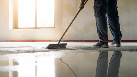 Worker cleaning floor with mop at construction site. Housework concept.の素材