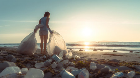 Young woman picking up trash on the beach at sunset. Concept of environmental pollution.の素材