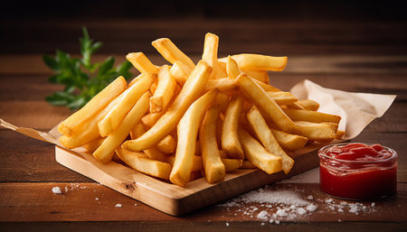 Golden French fries potatoes with ketchup on rustic wooden table.の素材