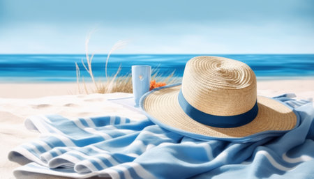 Straw hat with blue plaid and cup of coffee on sandy beachの素材