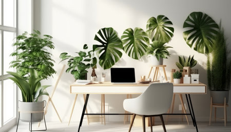 Workplace with laptop on table in modern bright office with plants. 3d renderingの素材