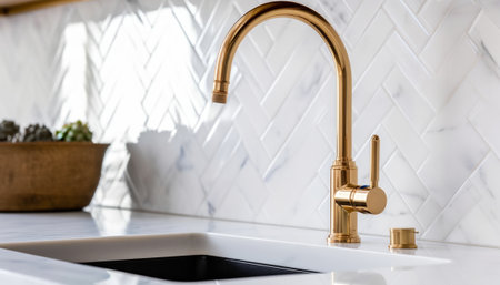 golden faucet and sink in modern kitchen, close upの素材