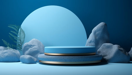 3d rendering of blue podium for product display. Minimal scene with geometric shapes.の素材