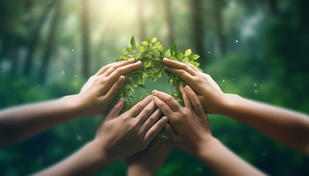 Hands holding green plant in forest. Ecology and environment protection conceptの素材