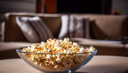 Popcorn in a glass bowl on a sofa in the living roomの素材