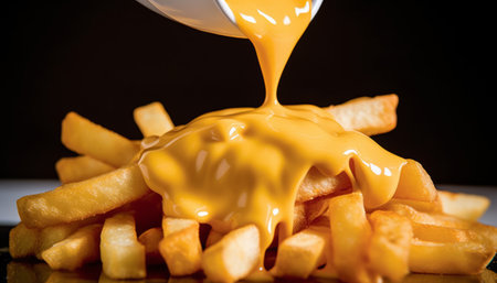 French fries with melted cheese on a black background. Selective focus.の素材