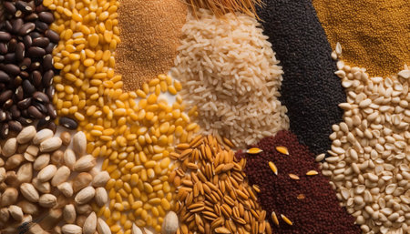 Assortment of grains and cereals as background, close-upの素材
