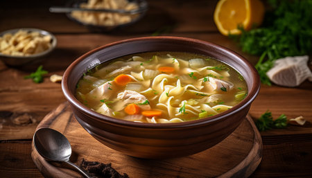 Chicken soup with noodles and vegetables in a bowl on a wooden backgroundの素材
