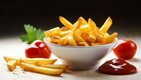 French fries in bowl with ketchup and parsley on wooden tableの素材