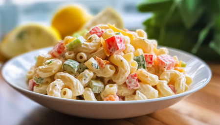 macaroni salad with vegetables and mayonnaise in white bowlの素材