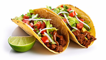 Mexican tacos with beef and vegetables isolated on a white background.の素材