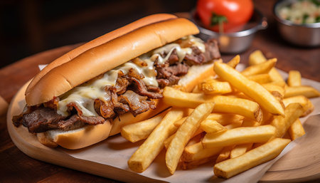 hot dog with french fries on wooden table, closeup of photoの素材