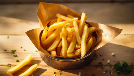 Golden French fries potatoes in a rustic bowl on a wooden tableの素材