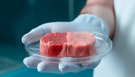 Close-up of a human hand holding a petri dish with raw meatの素材