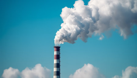 Smoke from the chimney of a power plant against the blue skyの素材