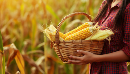 Young woman holding basket with corn cobs in the field, closeupの素材