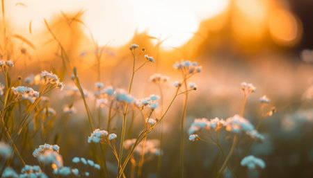 Wildflowers in the meadow at sunset. Nature background.の素材