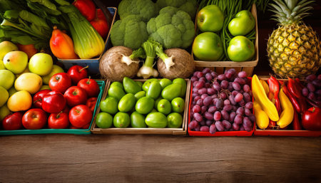 Fruits and vegetables in wooden boxes on wooden background. Healthy eating concept.の素材
