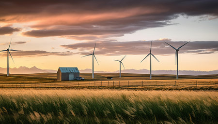 Wind turbines on the prairie at sunset, South Island, New Zealandの素材
