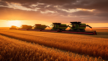 Combine harvester working on a wheat field at sunset.の素材