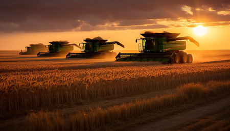Combine harvester working on a wheat field at sunset.の素材