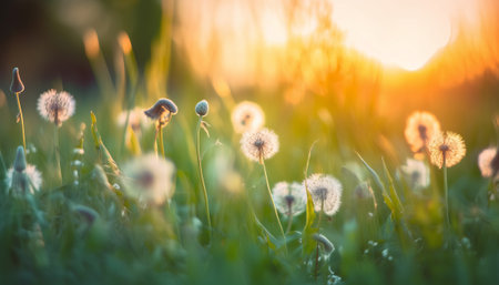 Beautiful dandelions on the meadow at sunset. Soft focusの素材