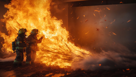 Firefighters extinguish a fire in a building with smoke and flamesの素材