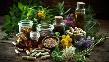 Herbs and spices on a wooden table. Herbal medicine concept.の素材