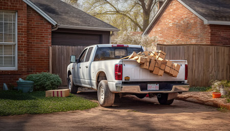 White pick up truck with stack of wood in front of a houseの素材