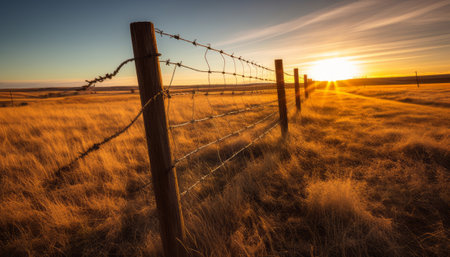Sunset over a fence in the prairie of South Dakota.の素材