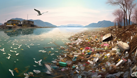 Plastic garbage floating on the lake. Concept of environmental pollution.の素材