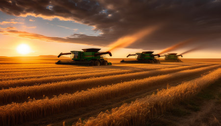 Combine harvester on wheat field at sunset. 3D illustrationの素材