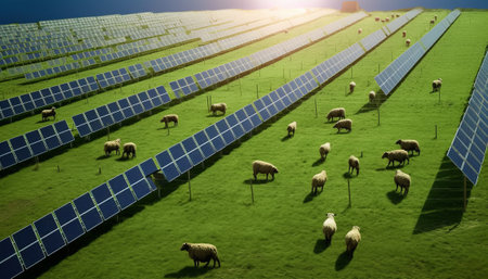 solar energy panels and sheep on green grass with blue sky backgroundの素材