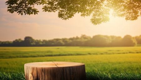 Wooden stump over blurred green rice field background with sunlight in the morning.の素材