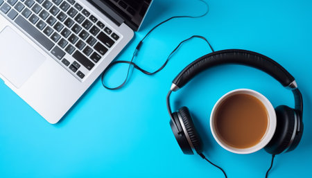 Laptop with headphones and a cup of coffee on a blue backgroundの素材