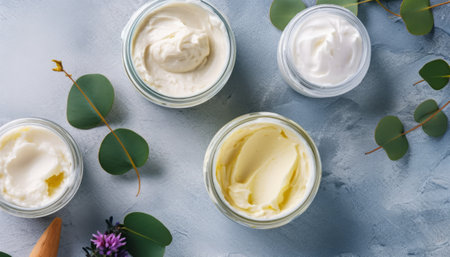 Organic cosmetic cream in glass jars with eucalyptus leaves, top viewの素材