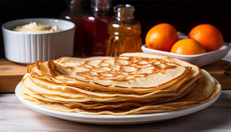 Stack of thin pancakes with sour cream and tangerines on a wooden tableの素材