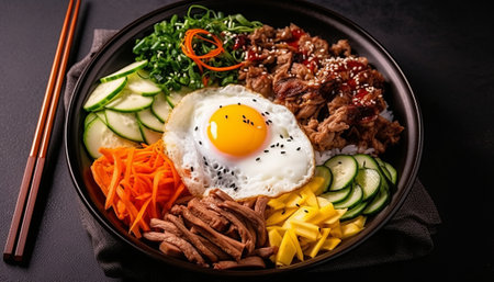 Bibimbap - rice bowl with beef, egg and vegetablesの素材