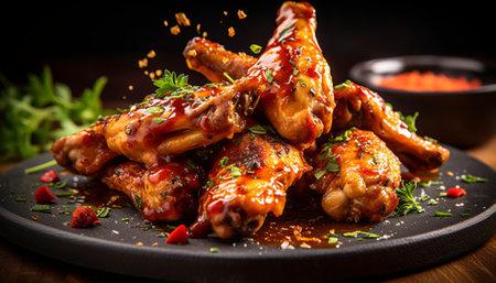 Grilled chicken wings with sauce and spices on a black plate.の素材