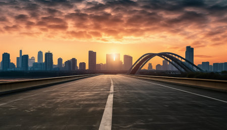 empty asphalt road with cityscape and skyline of chongqing at sunsetの素材